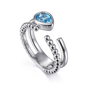 925 Sterling Silver Pear Blue Topaz Bujukan Open Ring