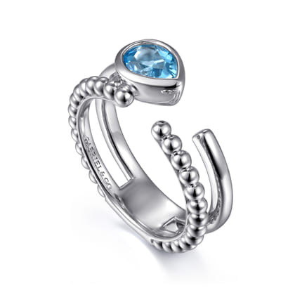 925 Sterling Silver Pear Blue Topaz Bujukan Open Ring
