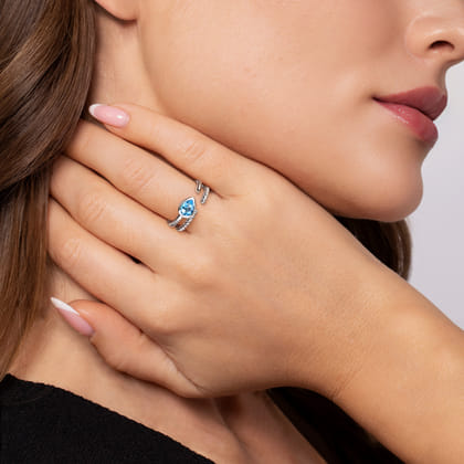 925 Sterling Silver Pear Blue Topaz Bujukan Open Ring