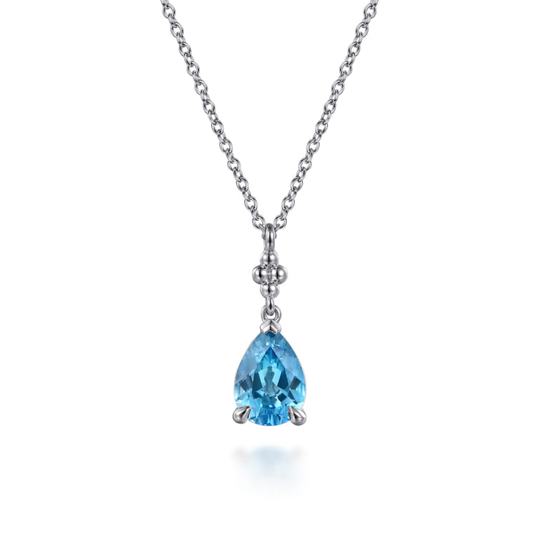 925 Sterling Silver Pear Blue Topaz Bujukan Pendant Necklace - Shot 1