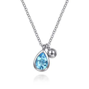925 Sterling Silver Pear Blue Topaz Bujukan Pendant Necklace
