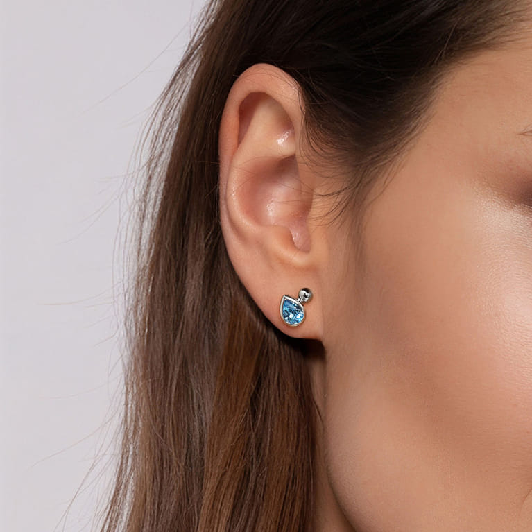 925 Sterling Silver Pear Blue Topaz Bujukan Stud Earrings - Shot 3