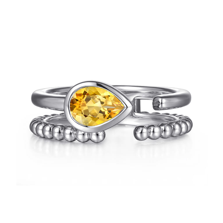925 Sterling Silver Pear Citrine Bujukan Open Ring - Shot 1