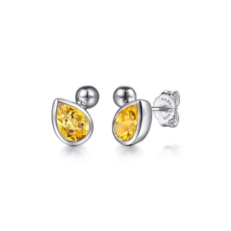 925 Sterling Silver Pear Citrine Bujukan Stud Earrings - Shot 1