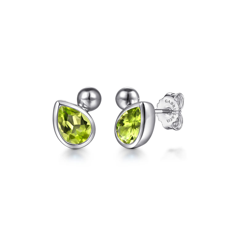 925 Sterling Silver Pear Peridot Bujukan Stud Earrings - Shot 1