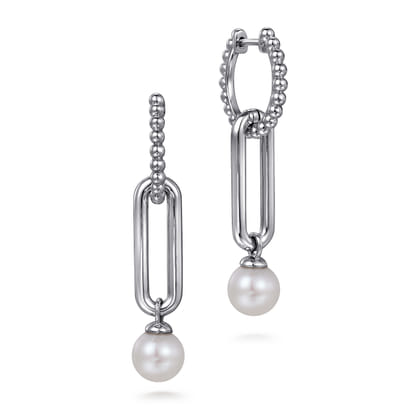 925 Sterling Silver Pearl Huggie Drop Earrings-Bujukan
