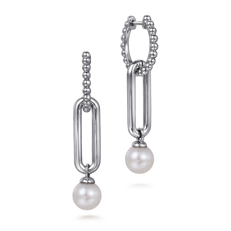 925 Sterling Silver Pearl Huggie Drop Earrings-Bujukan - Shot 1