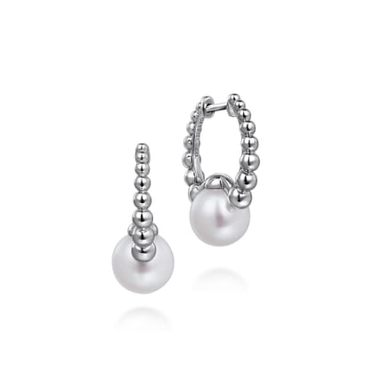 925 Sterling Silver Pearl Huggie Earrings 15mm-Bujukan