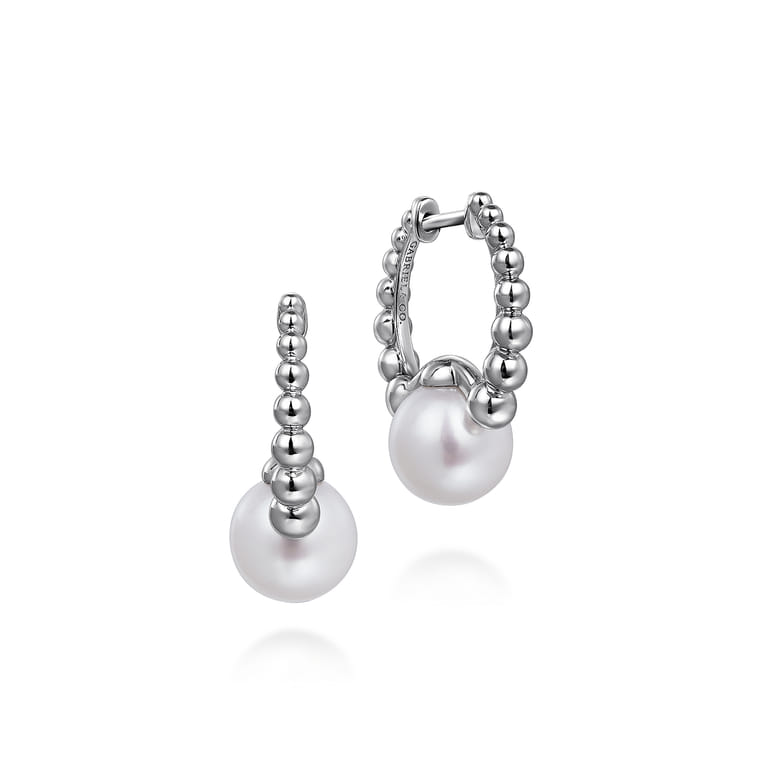 925 Sterling Silver Pearl Huggie Earrings 15mm-Bujukan - Shot 1
