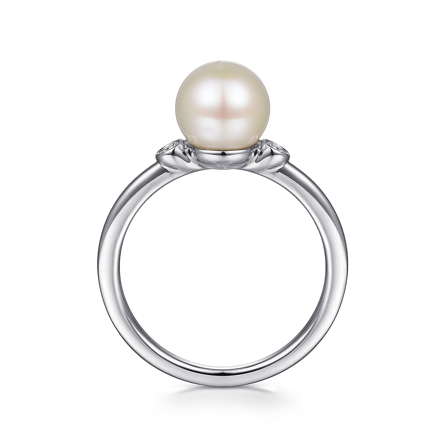 925 Sterling Silver Pearl Ring with Bezel Set Side Diamonds - 0.05 ct - Shot 2