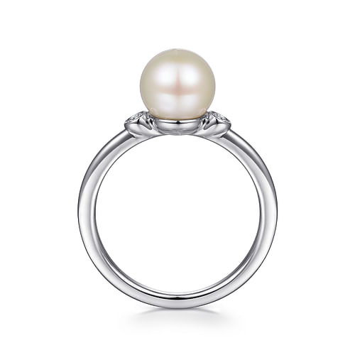 925 Sterling Silver Pearl Ring with Bezel Set Side Diamonds - 0.05 ct - Shot 2
