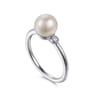 925 Sterling Silver Pearl Ring with Bezel Set Side Diamonds - 0.05 ct
