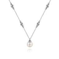 925 Sterling Silver Pearl and Bujukan Beads Station Necklace