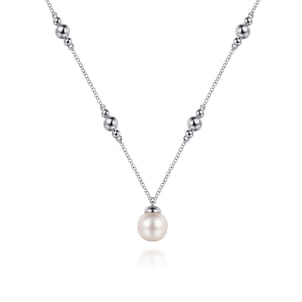 925 Sterling Silver Pearl and Bujukan Beads Station Necklace
