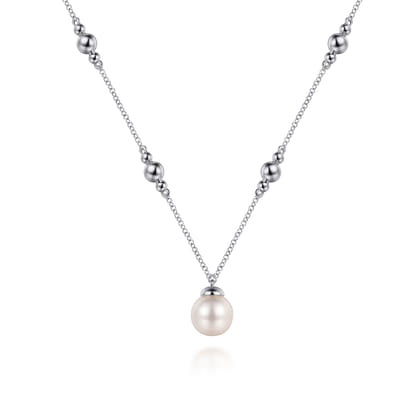 925 Sterling Silver Pearl and Bujukan Beads Station Necklace