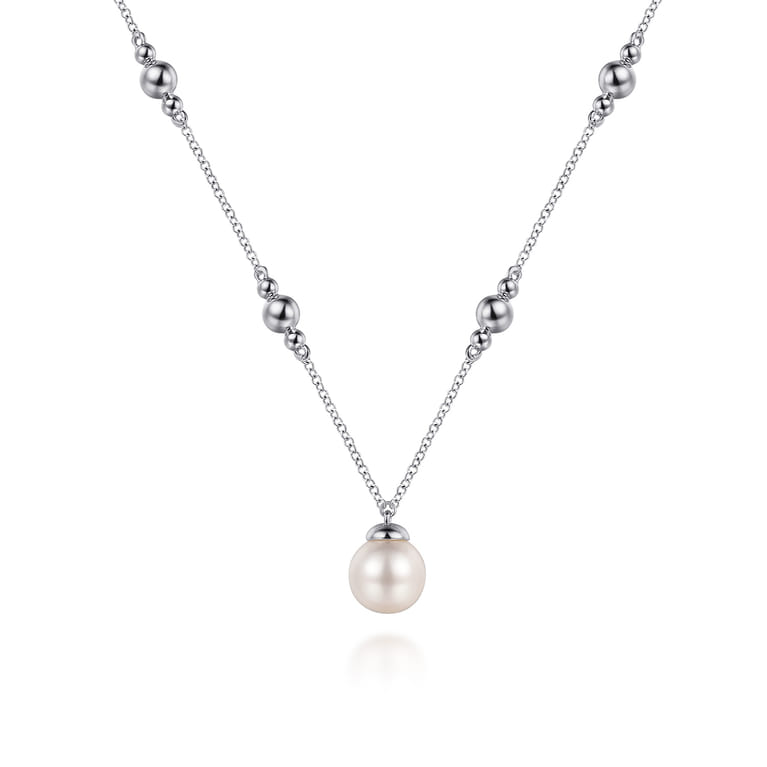 925 Sterling Silver Pearl and Bujukan Beads Station Necklace - Shot 1