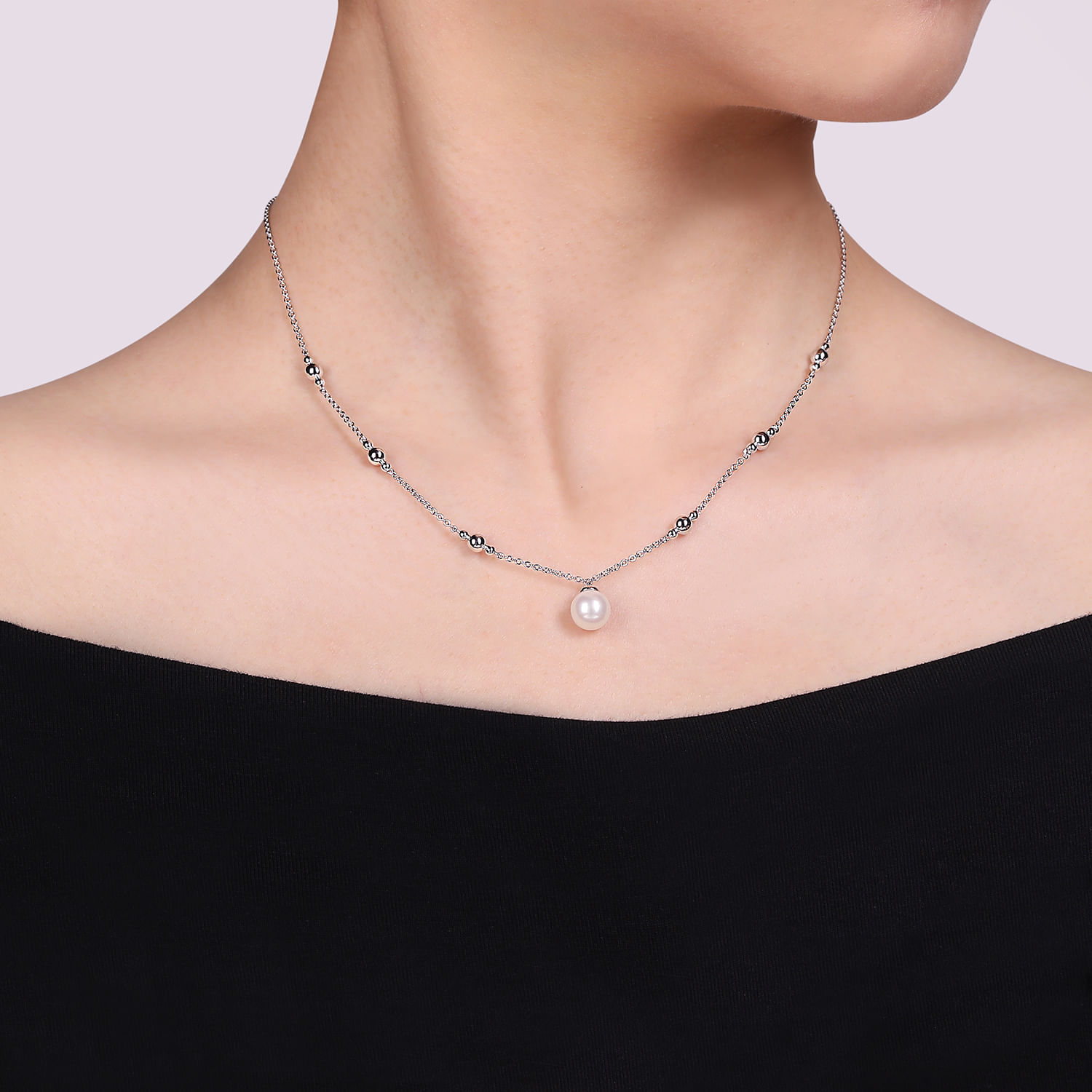 925 Sterling Silver Pearl and Bujukan Beads Station Necklace