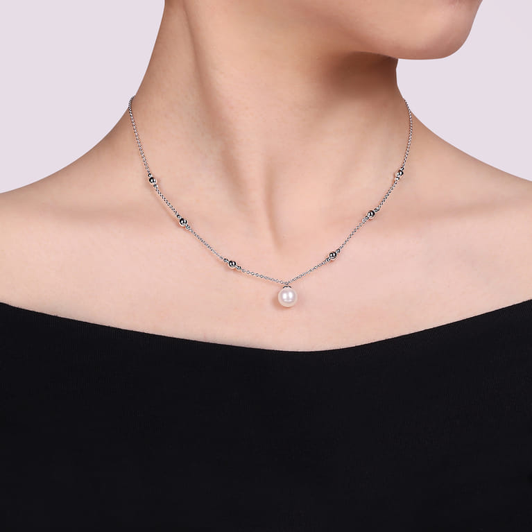 925 Sterling Silver Pearl and Bujukan Beads Station Necklace - Shot 3