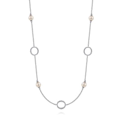 925 Sterling Silver Pearl and Open Circle Station Necklace