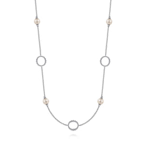 925 Sterling Silver Pearl and Open Circle Station Necklace