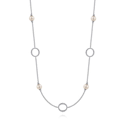 925 Sterling Silver Pearl and Open Circle Station Necklace