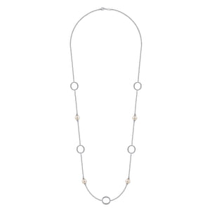 925 Sterling Silver Pearl and Open Circle Station Necklace