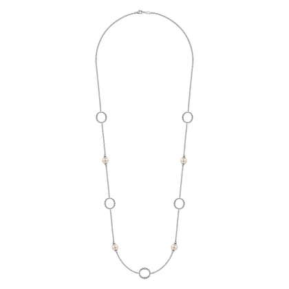 925 Sterling Silver Pearl and Open Circle Station Necklace
