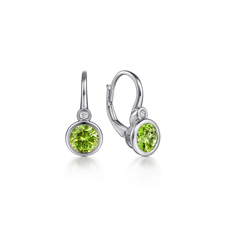 925 Sterling Silver Peridot and Diamond Leverback Earrings - 0.04 ct - Shot 1