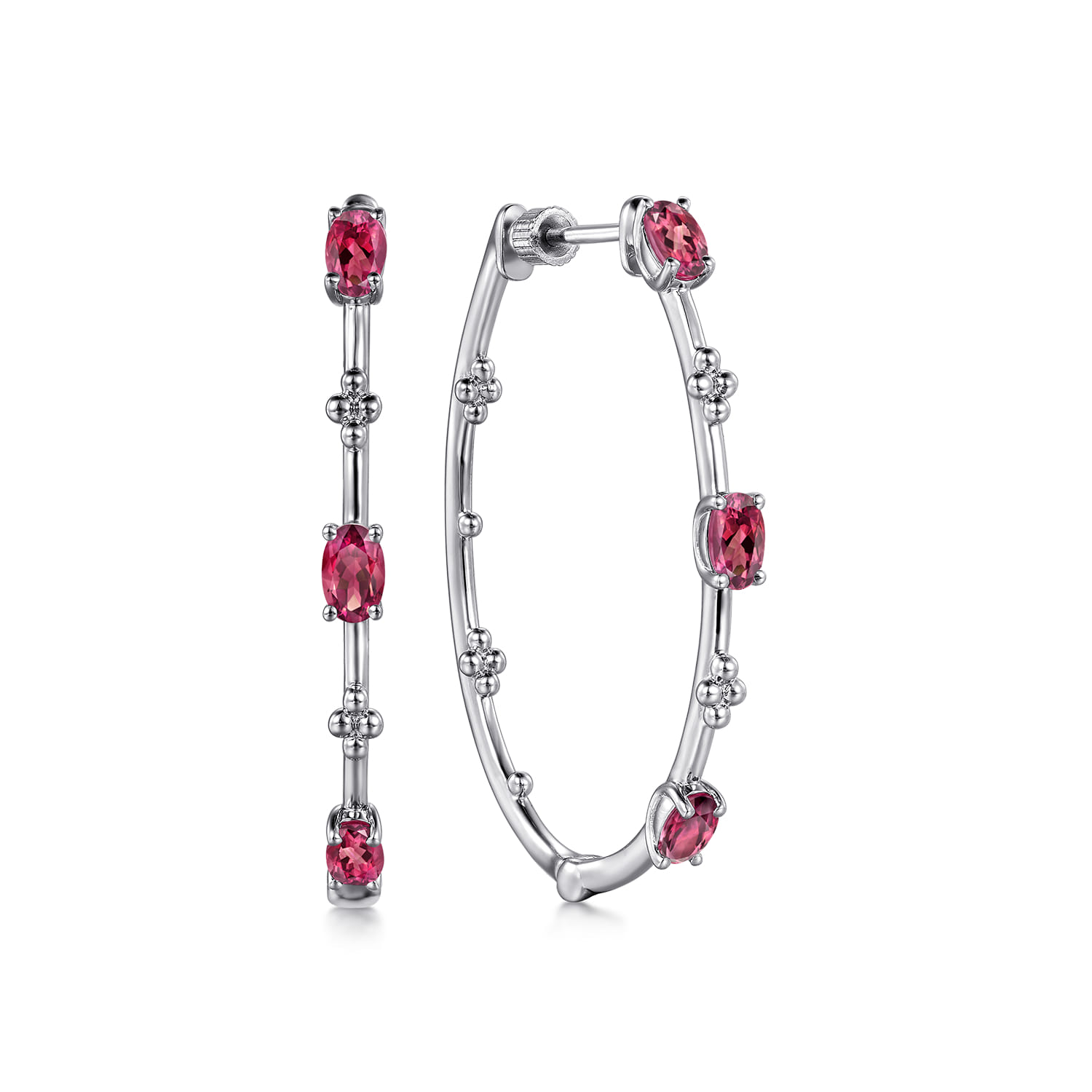 925 Sterling Silver Pink Tourmaline Bujukan Classic 40mm Hoop Earrings - Shot 1