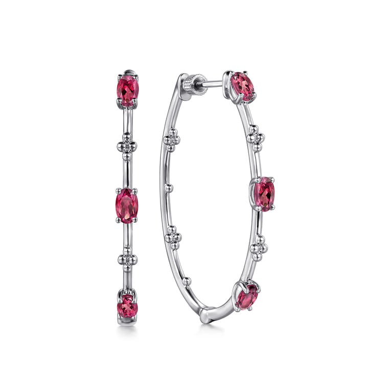 925 Sterling Silver Pink Tourmaline Bujukan Classic 40mm Hoop Earrings - Shot 1