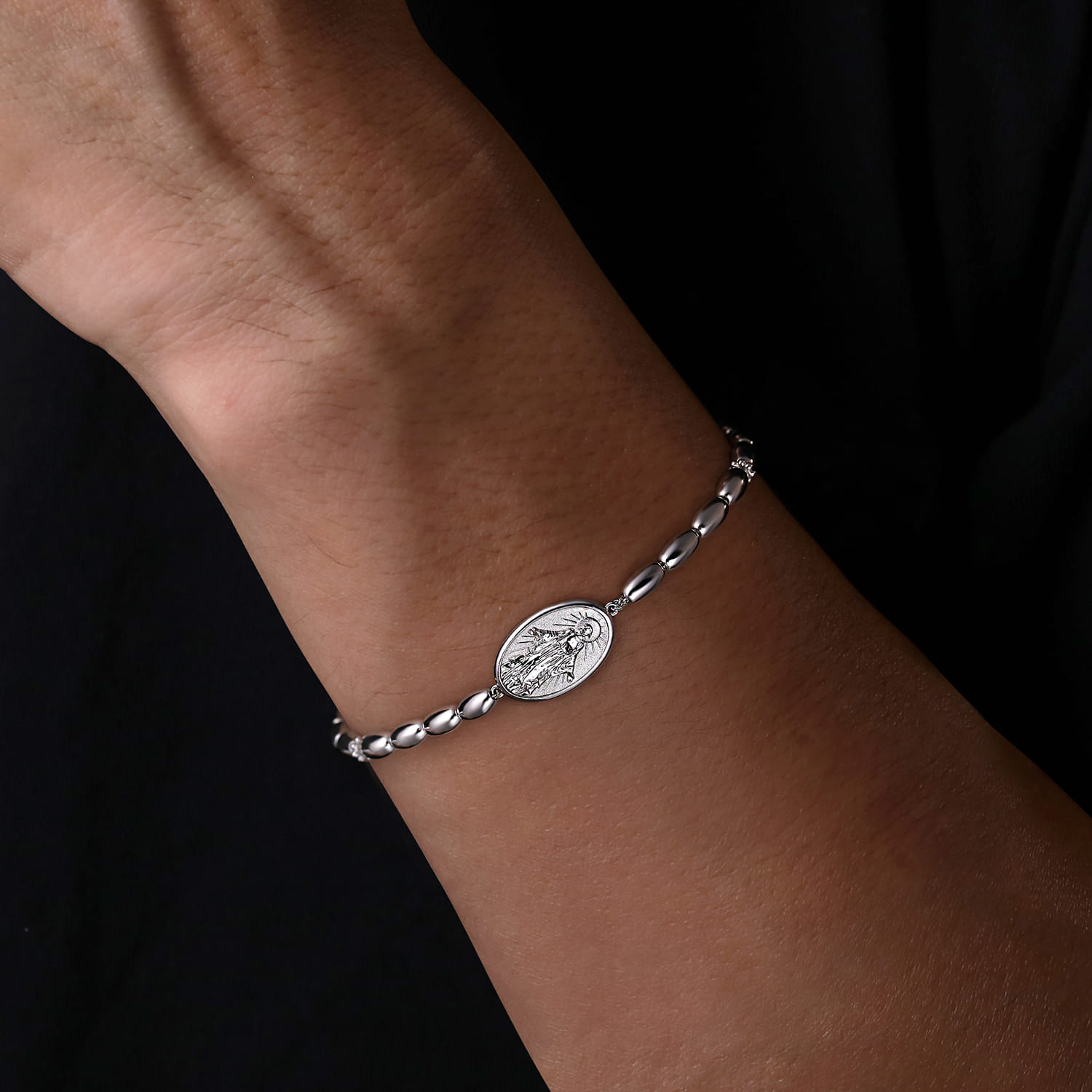 925 Sterling Silver Plain Oval Beads Saint Mens Bracelet - Shot 3
