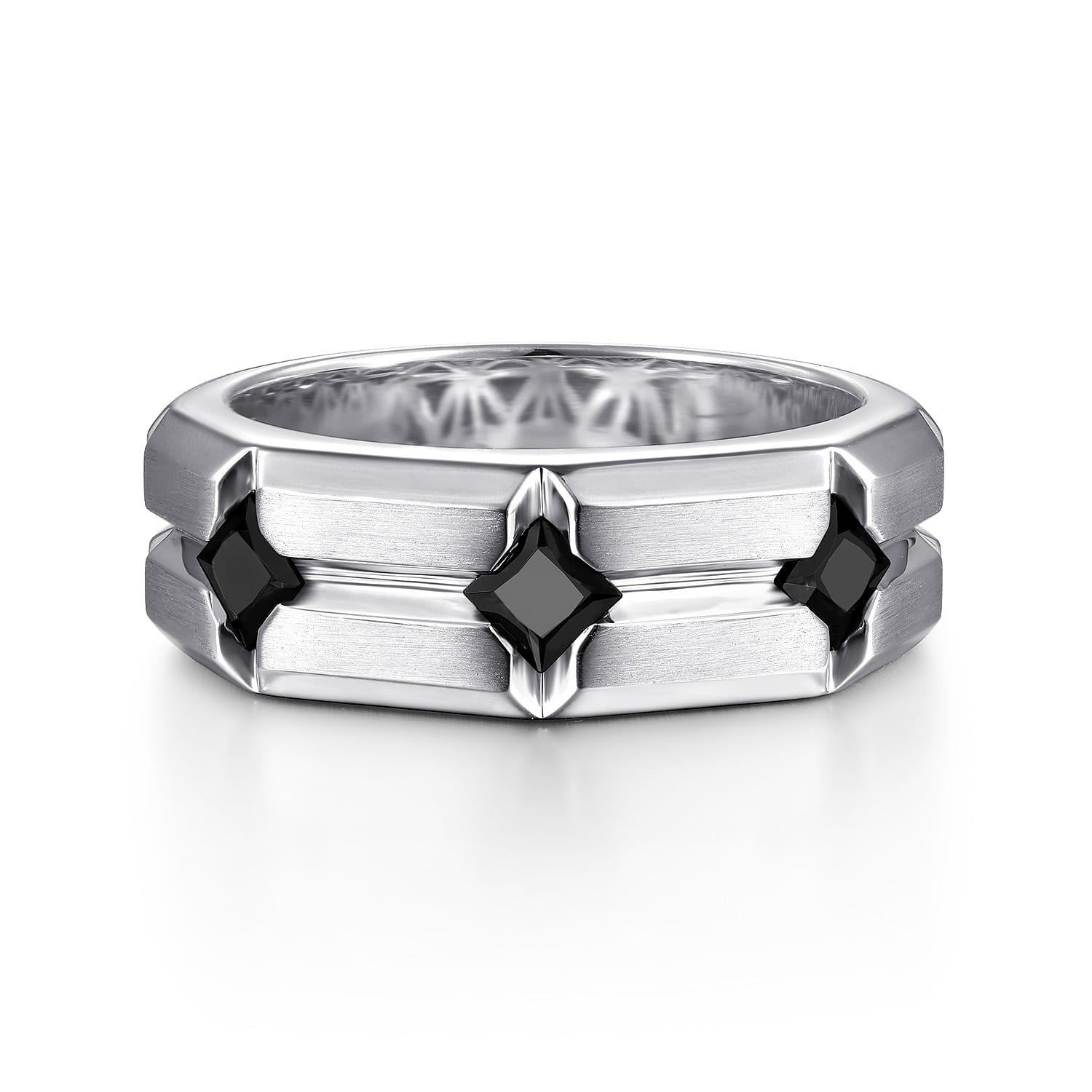 925 Sterling Silver Ring with Princess Cut Black Spinel Stations in Horizontal Brush Finish - Shot 1