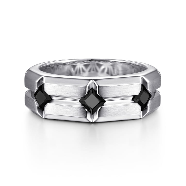 925 Sterling Silver Ring with Princess Cut Black Spinel Stations in Horizontal Brush Finish - Shot 1