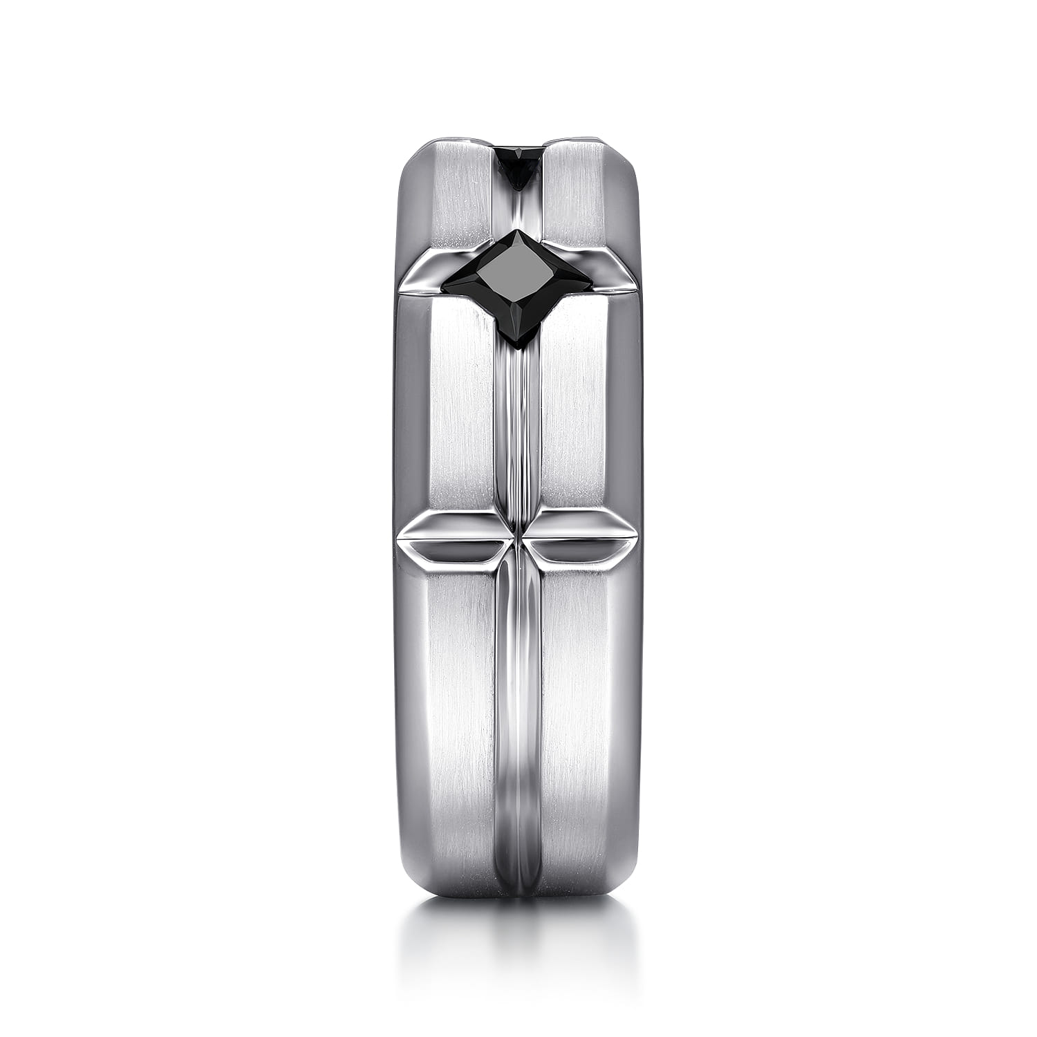 925 Sterling Silver Ring with Princess Cut Black Spinel Stations in Horizontal Brush Finish - Shot 4