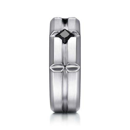 925 Sterling Silver Ring with Princess Cut Black Spinel Stations in Horizontal Brush Finish