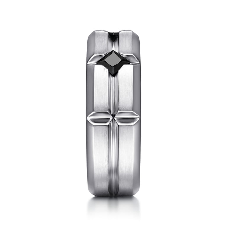 925 Sterling Silver Ring with Princess Cut Black Spinel Stations in Horizontal Brush Finish - Shot 4