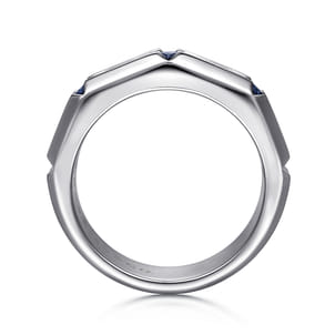 925 Sterling Silver Ring with Princess Cut Sapphire B quality Stations in Horizontal Brush Finish