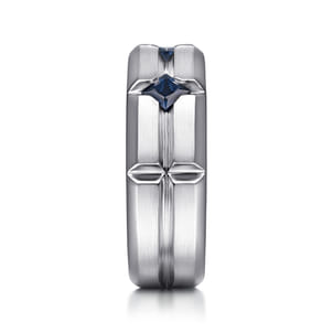 925 Sterling Silver Ring with Princess Cut Sapphire B quality Stations in Horizontal Brush Finish