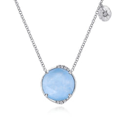 925 Sterling Silver Rock Crystal/Blue Jade and Diamond Pendant Necklace