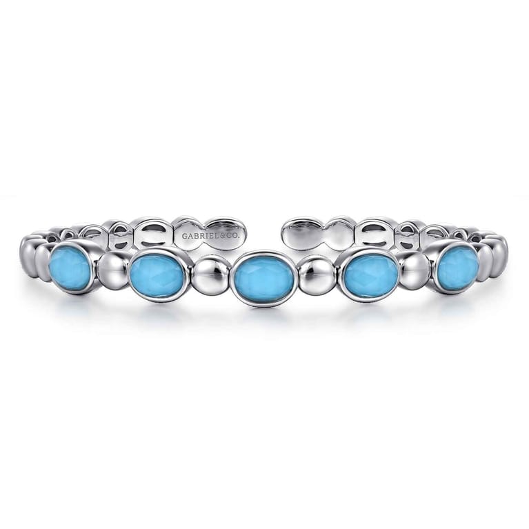 925 Sterling Silver Rock Crystal Turquoise Bangle Bracelet - Shot 1
