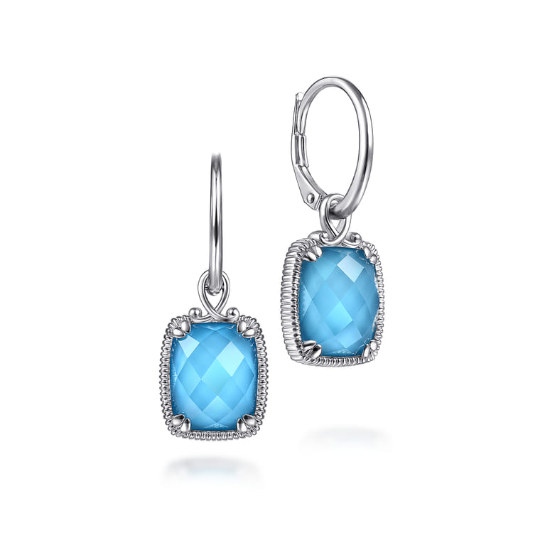 925 Sterling Silver Rock Crystal Turquoise Long Cushion Drop Earrings - Shot 1