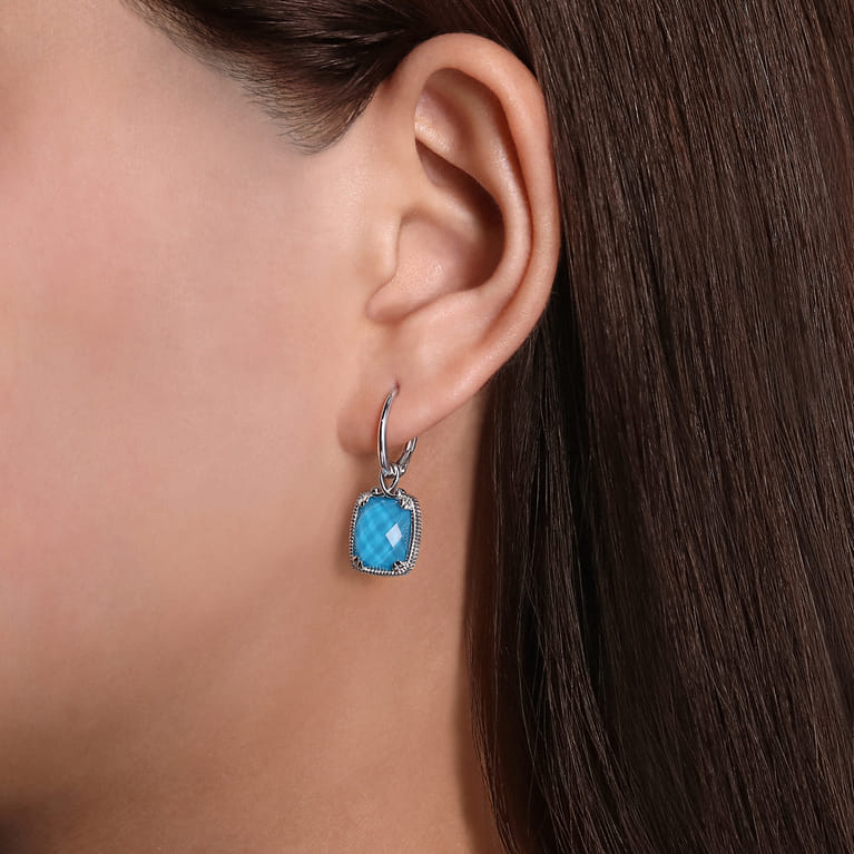 925 Sterling Silver Rock Crystal Turquoise Long Cushion Drop Earrings - Shot 2