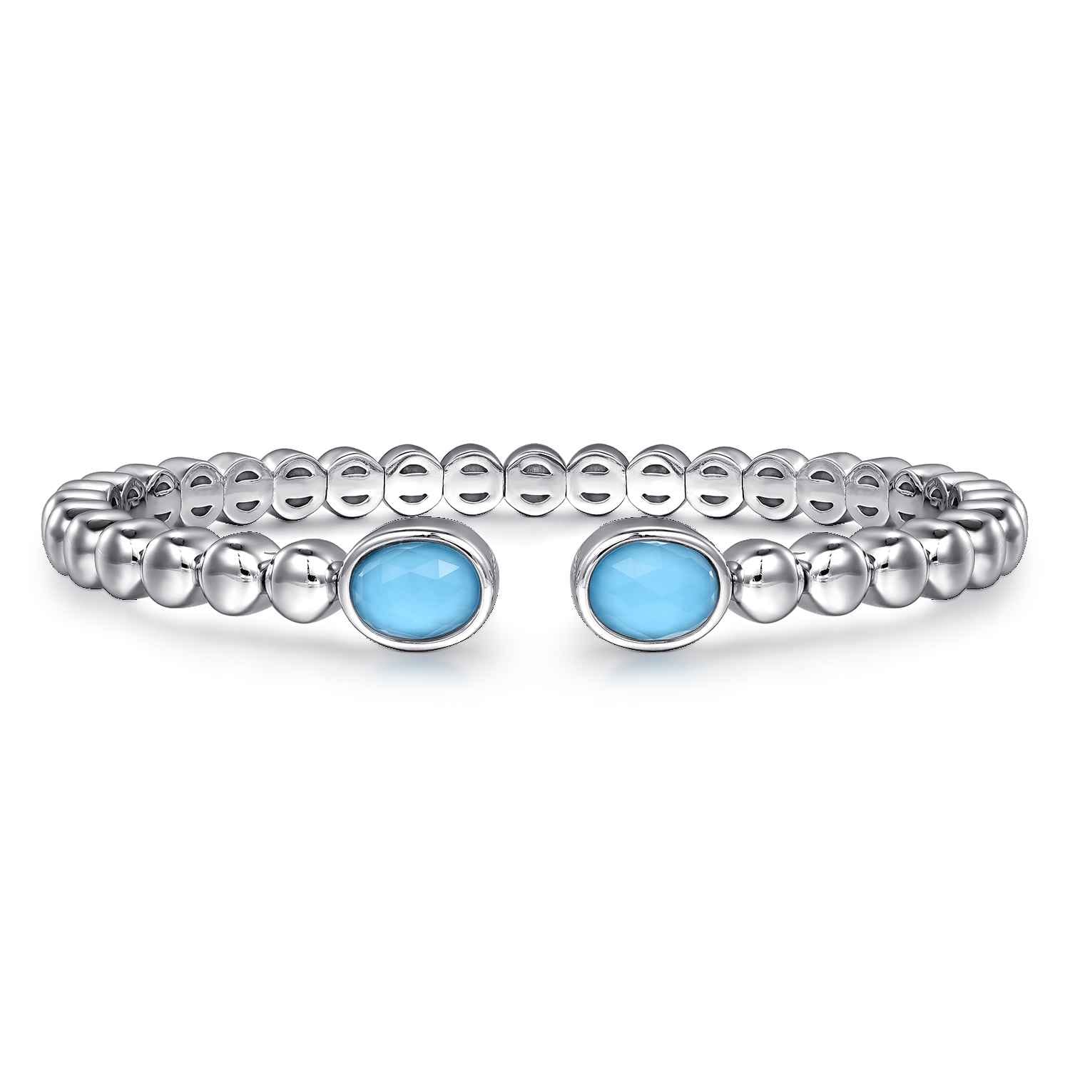 925 Sterling Silver Rock Crystal  Turquoise Open Bangle Bracelet - Shot 1