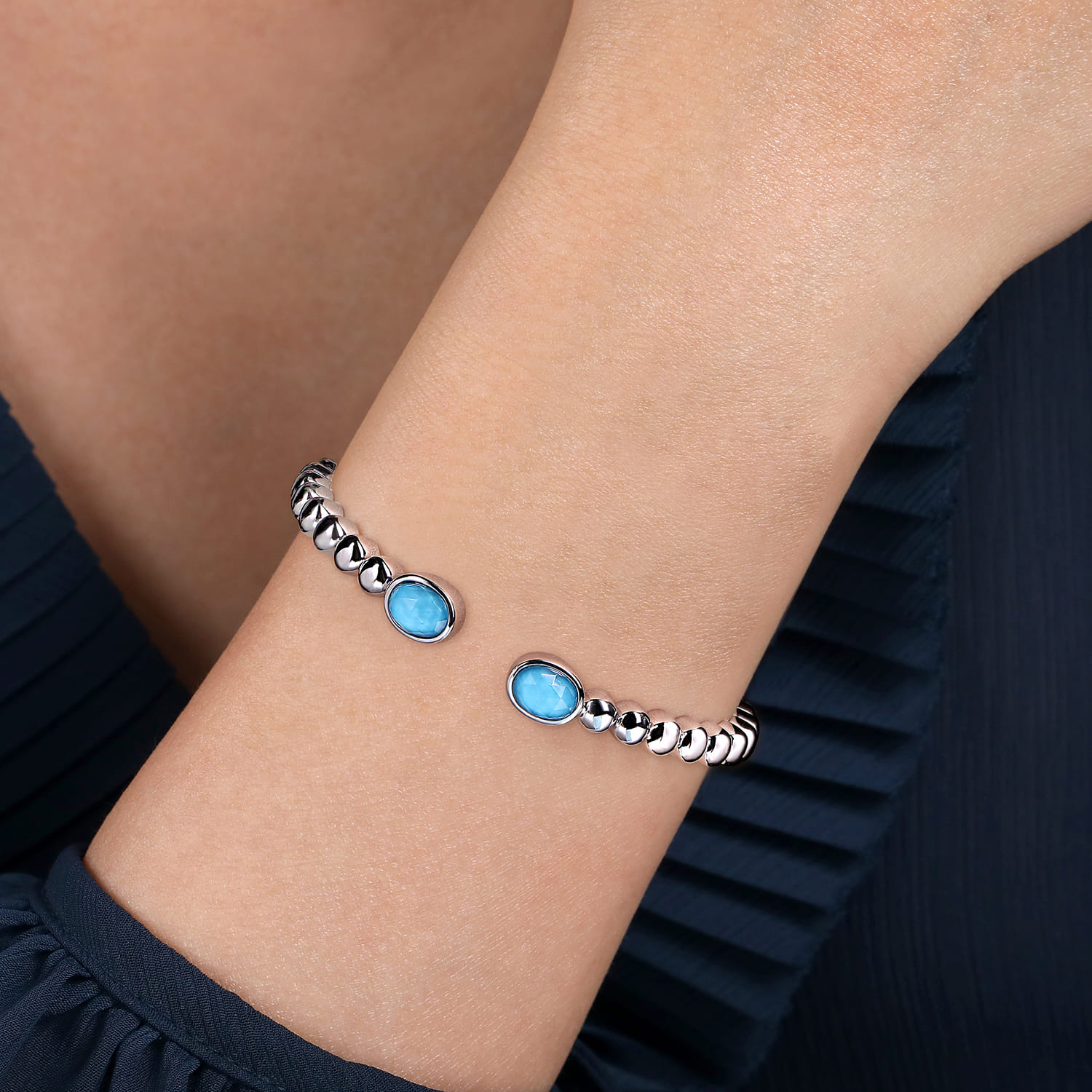 925 Sterling Silver Rock Crystal  Turquoise Open Bangle Bracelet - Shot 4