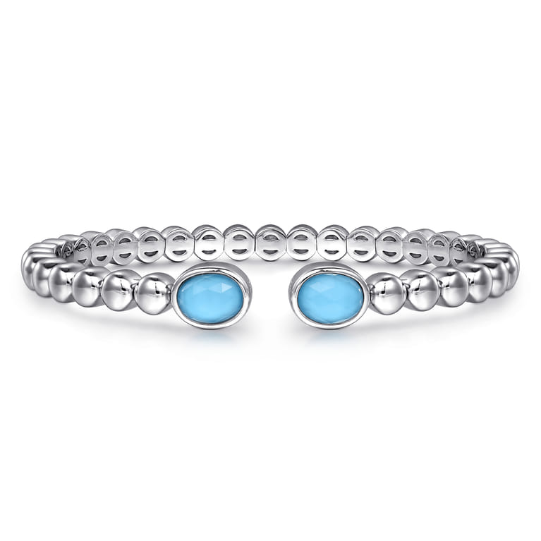 925 Sterling Silver Rock Crystal  Turquoise Open Bangle Bracelet - Shot 1