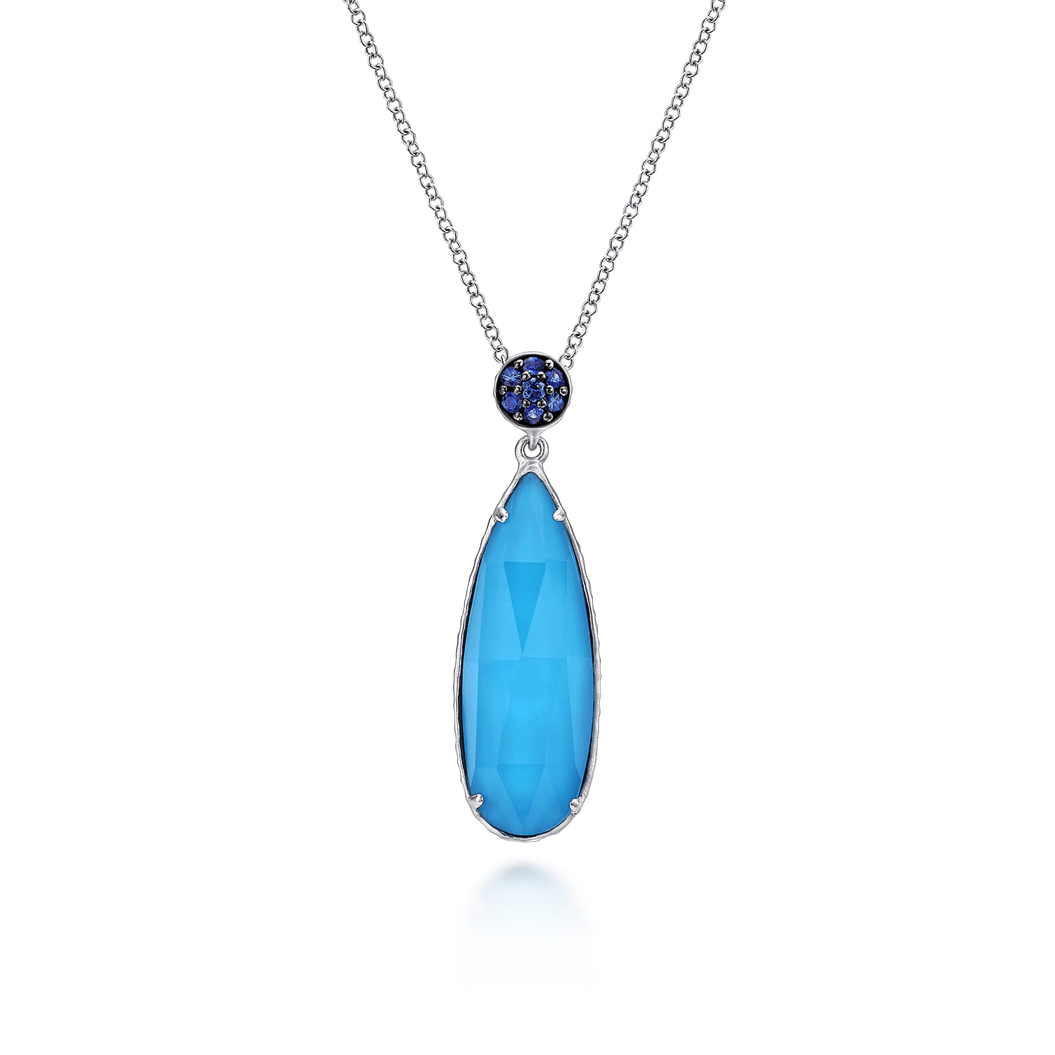 925 Sterling Silver Rock Crystal Turquoise Teardrop Pendant with Sapphire - Shot 1