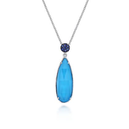 925 Sterling Silver Rock Crystal Turquoise Teardrop Pendant with Sapphire