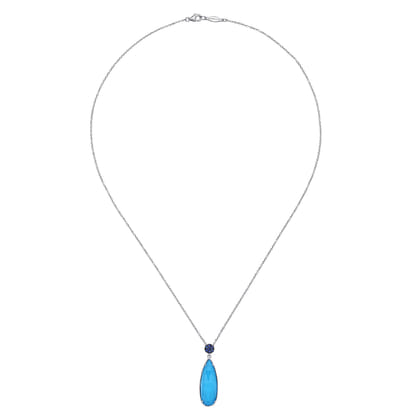 925 Sterling Silver Rock Crystal Turquoise Teardrop Pendant with Sapphire