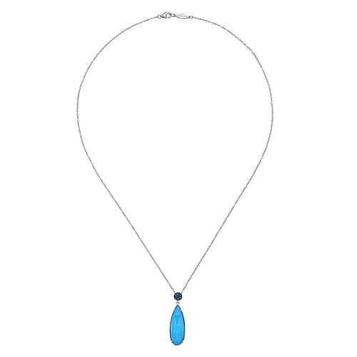 925 Sterling Silver Rock Crystal Turquoise Teardrop Pendant with Sapphire - Shot 2