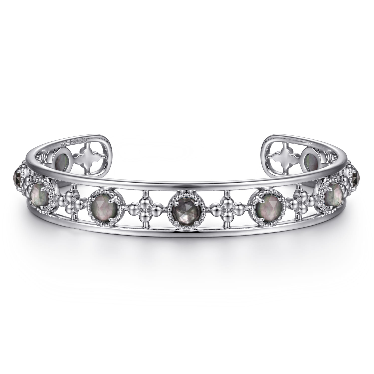 925 Sterling Silver Rock Crystal and Black MOP Cutout Cuff Bracelet - Shot 1